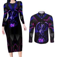 Custom Black And Purple Dragon Bowling Couples Matching Long Sleeve Bodycon Dress and Long Sleeve Button Shirt Magic Orb Graphic on Geometric Black Background Design - Wonder Print Shop