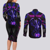 Custom Black And Purple Dragon Bowling Couples Matching Long Sleeve Bodycon Dress and Long Sleeve Button Shirt Magic Orb Graphic on Geometric Black Background Design - Wonder Print Shop