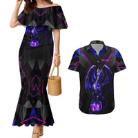 Custom Black And Purple Dragon Bowling Couples Matching Mermaid Dress and Hawaiian Shirt Magic Orb Graphic on Geometric Black Background Design - Wonder Print Shop
