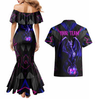 Custom Black And Purple Dragon Bowling Couples Matching Mermaid Dress and Hawaiian Shirt Magic Orb Graphic on Geometric Black Background Design - Wonder Print Shop