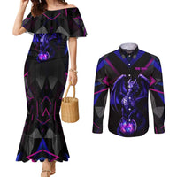 Custom Black And Purple Dragon Bowling Couples Matching Mermaid Dress and Long Sleeve Button Shirt Magic Orb Graphic on Geometric Black Background Design - Wonder Print Shop