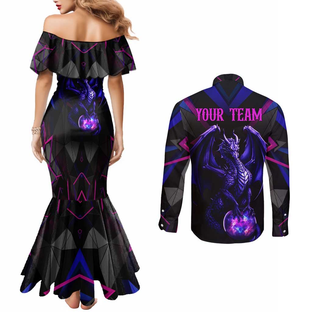Custom Black And Purple Dragon Bowling Couples Matching Mermaid Dress and Long Sleeve Button Shirt Magic Orb Graphic on Geometric Black Background Design - Wonder Print Shop