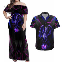 Custom Black And Purple Dragon Bowling Couples Matching Off Shoulder Maxi Dress and Hawaiian Shirt Magic Orb Graphic on Geometric Black Background Design - Wonder Print Shop