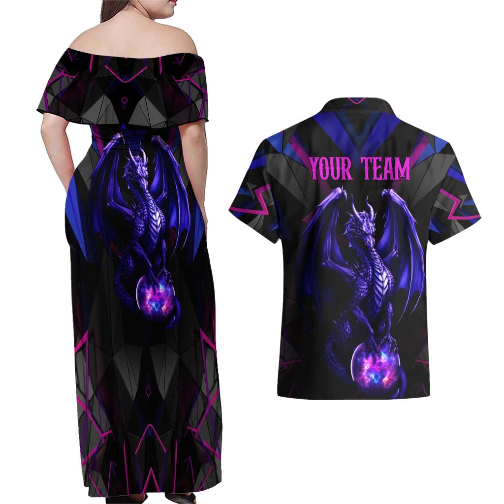 Custom Black And Purple Dragon Bowling Couples Matching Off Shoulder Maxi Dress and Hawaiian Shirt Magic Orb Graphic on Geometric Black Background Design - Wonder Print Shop