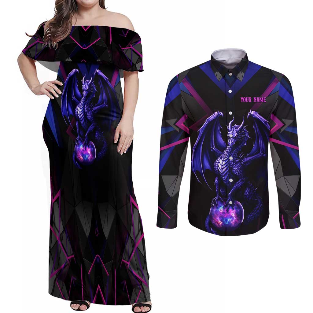 Custom Black And Purple Dragon Bowling Couples Matching Off Shoulder Maxi Dress and Long Sleeve Button Shirt Magic Orb Graphic on Geometric Black Background Design - Wonder Print Shop