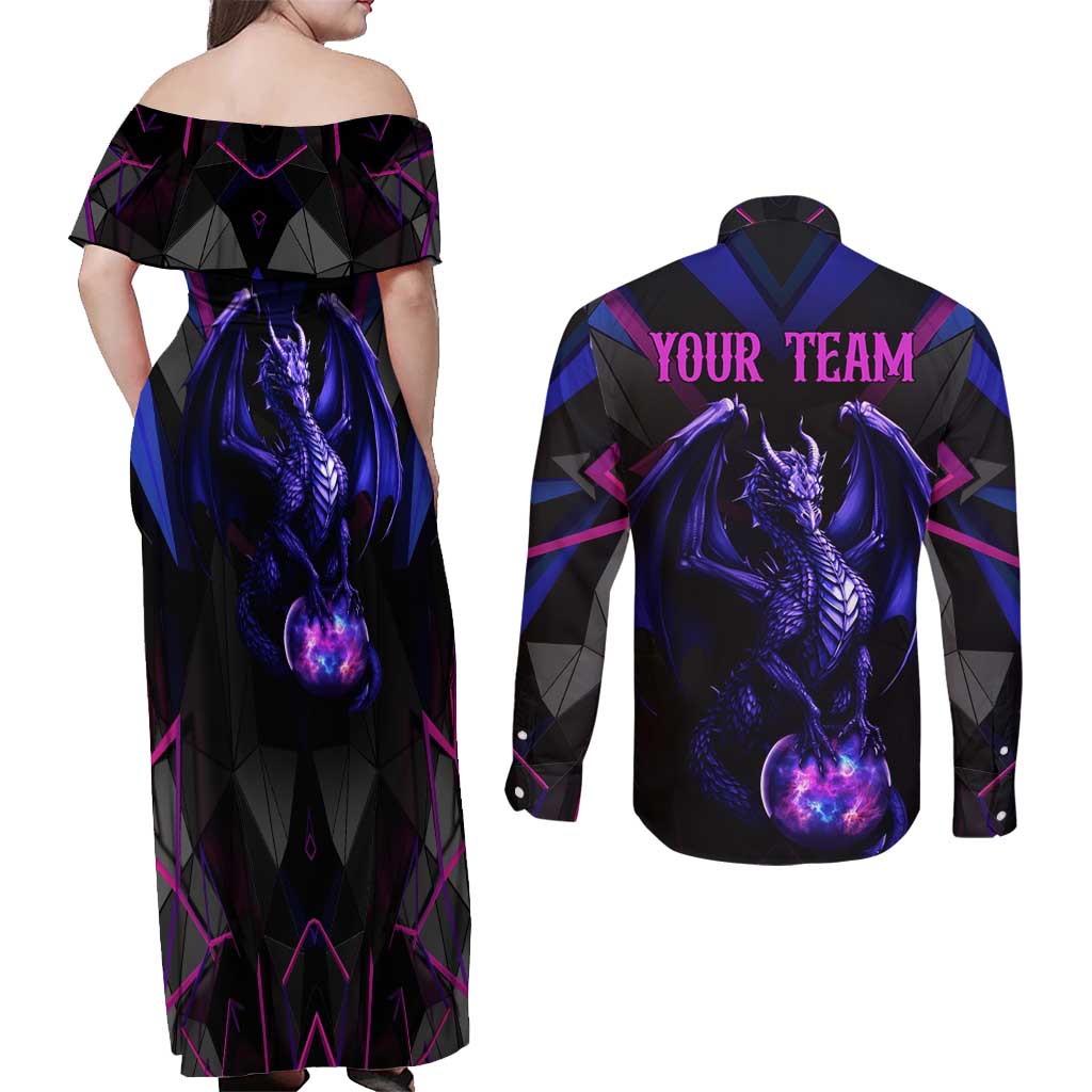 Custom Black And Purple Dragon Bowling Couples Matching Off Shoulder Maxi Dress and Long Sleeve Button Shirt Magic Orb Graphic on Geometric Black Background Design - Wonder Print Shop