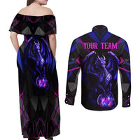 Custom Black And Purple Dragon Bowling Couples Matching Off Shoulder Maxi Dress and Long Sleeve Button Shirt Magic Orb Graphic on Geometric Black Background Design - Wonder Print Shop