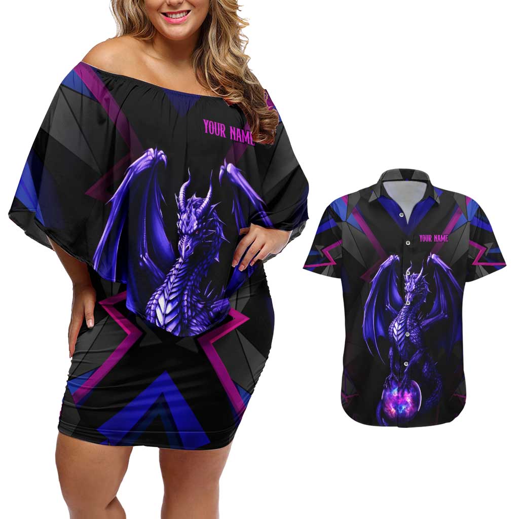 Custom Black And Purple Dragon Bowling Couples Matching Off Shoulder Short Dress and Hawaiian Shirt Magic Orb Graphic on Geometric Black Background Design - Wonder Print Shop