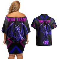 Custom Black And Purple Dragon Bowling Couples Matching Off Shoulder Short Dress and Hawaiian Shirt Magic Orb Graphic on Geometric Black Background Design - Wonder Print Shop