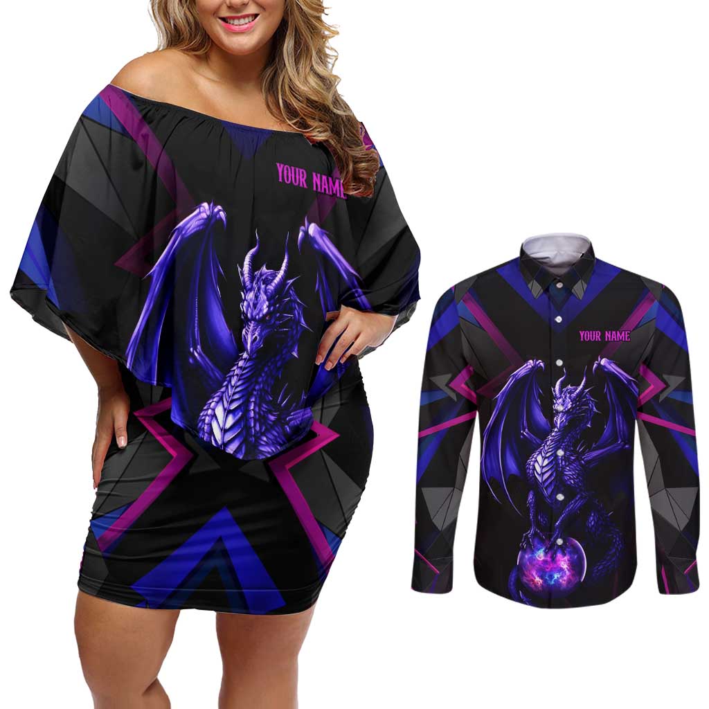 Custom Black And Purple Dragon Bowling Couples Matching Off Shoulder Short Dress and Long Sleeve Button Shirt Magic Orb Graphic on Geometric Black Background Design - Wonder Print Shop
