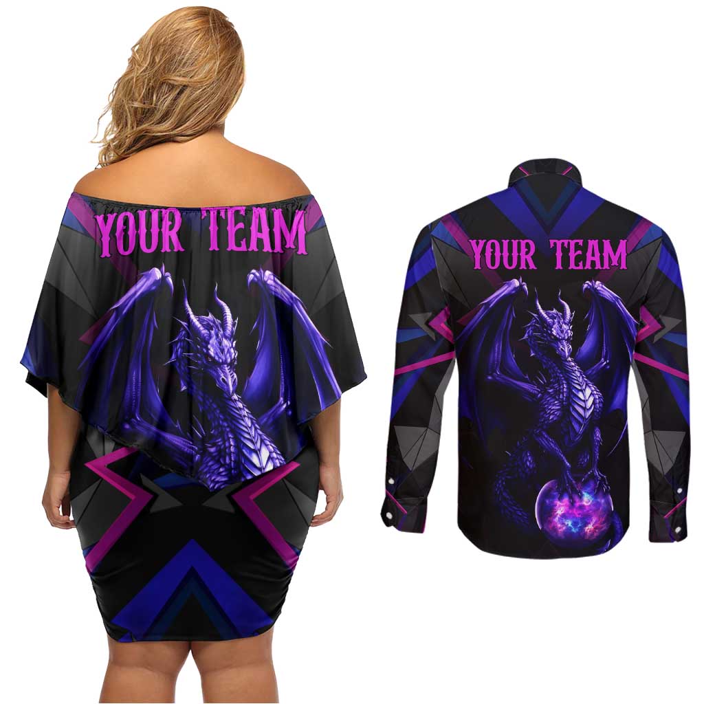 Custom Black And Purple Dragon Bowling Couples Matching Off Shoulder Short Dress and Long Sleeve Button Shirt Magic Orb Graphic on Geometric Black Background Design - Wonder Print Shop
