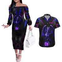 Custom Black And Purple Dragon Bowling Couples Matching Off The Shoulder Long Sleeve Dress and Hawaiian Shirt Magic Orb Graphic on Geometric Black Background Design - Wonder Print Shop