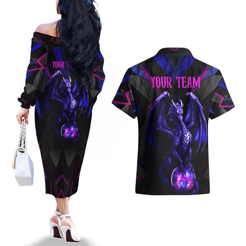 Custom Black And Purple Dragon Bowling Couples Matching Off The Shoulder Long Sleeve Dress and Hawaiian Shirt Magic Orb Graphic on Geometric Black Background Design - Wonder Print Shop