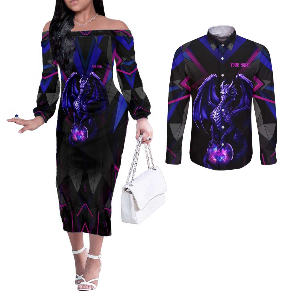 Custom Black And Purple Dragon Bowling Couples Matching Off The Shoulder Long Sleeve Dress and Long Sleeve Button Shirt Magic Orb Graphic on Geometric Black Background Design - Wonder Print Shop