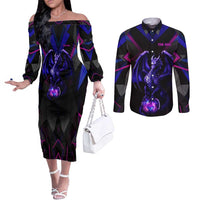 Custom Black And Purple Dragon Bowling Couples Matching Off The Shoulder Long Sleeve Dress and Long Sleeve Button Shirt Magic Orb Graphic on Geometric Black Background Design - Wonder Print Shop