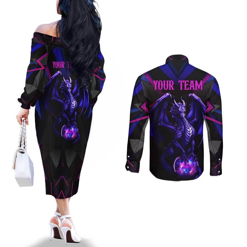Custom Black And Purple Dragon Bowling Couples Matching Off The Shoulder Long Sleeve Dress and Long Sleeve Button Shirt Magic Orb Graphic on Geometric Black Background Design - Wonder Print Shop