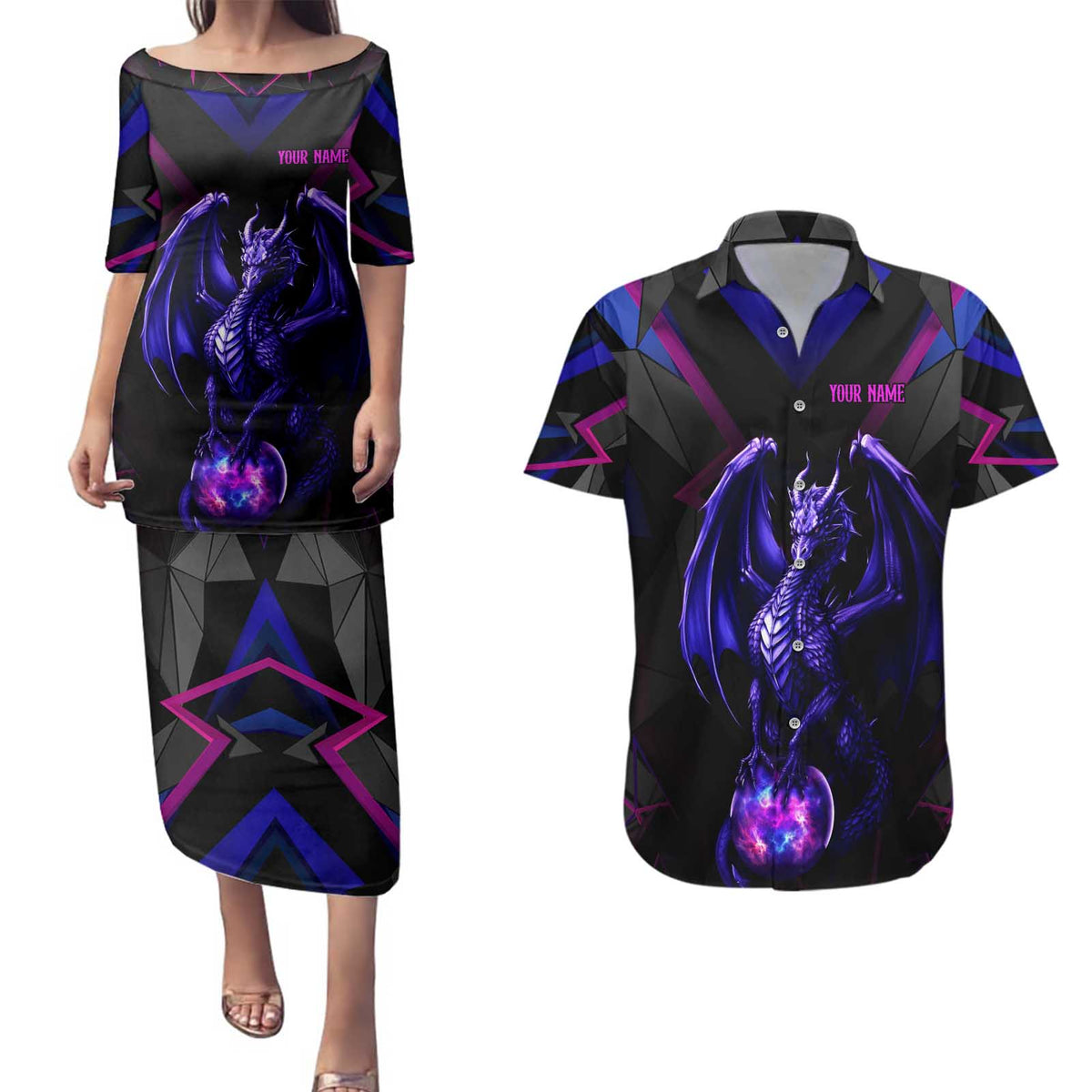 Custom Black And Purple Dragon Bowling Couples Matching Puletasi and Hawaiian Shirt Magic Orb Graphic on Geometric Black Background Design - Wonder Print Shop