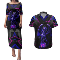 Custom Black And Purple Dragon Bowling Couples Matching Puletasi and Hawaiian Shirt Magic Orb Graphic on Geometric Black Background Design - Wonder Print Shop