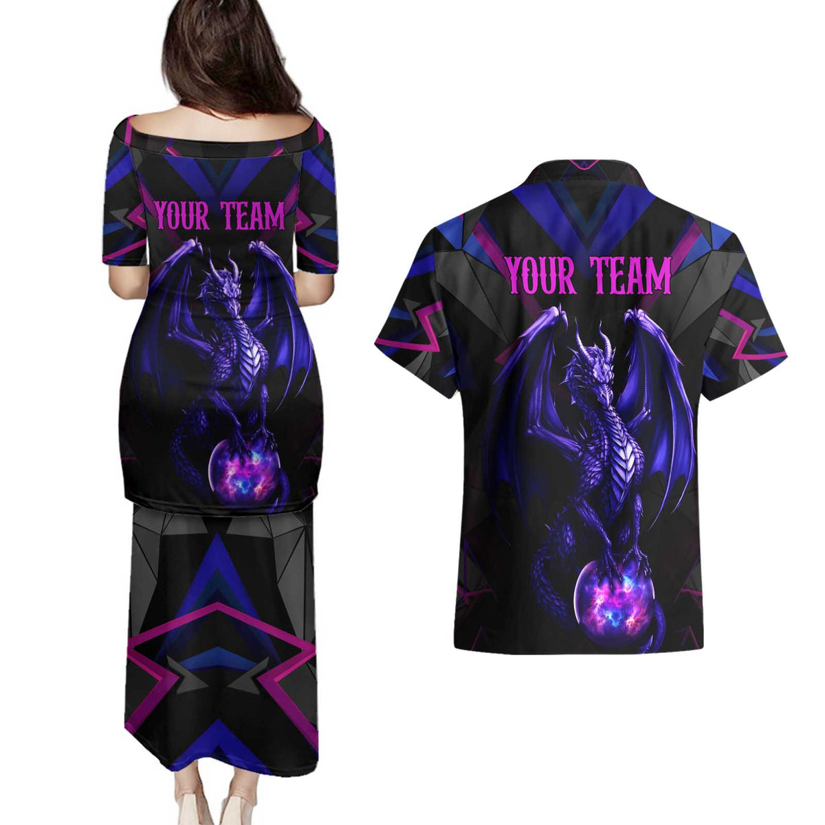 Custom Black And Purple Dragon Bowling Couples Matching Puletasi and Hawaiian Shirt Magic Orb Graphic on Geometric Black Background Design - Wonder Print Shop