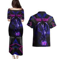 Custom Black And Purple Dragon Bowling Couples Matching Puletasi and Hawaiian Shirt Magic Orb Graphic on Geometric Black Background Design - Wonder Print Shop