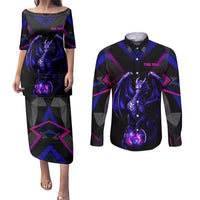 Custom Black And Purple Dragon Bowling Couples Matching Puletasi and Long Sleeve Button Shirt Magic Orb Graphic on Geometric Black Background Design - Wonder Print Shop