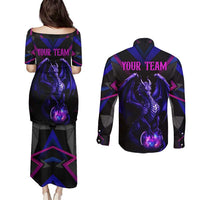 Custom Black And Purple Dragon Bowling Couples Matching Puletasi and Long Sleeve Button Shirt Magic Orb Graphic on Geometric Black Background Design - Wonder Print Shop