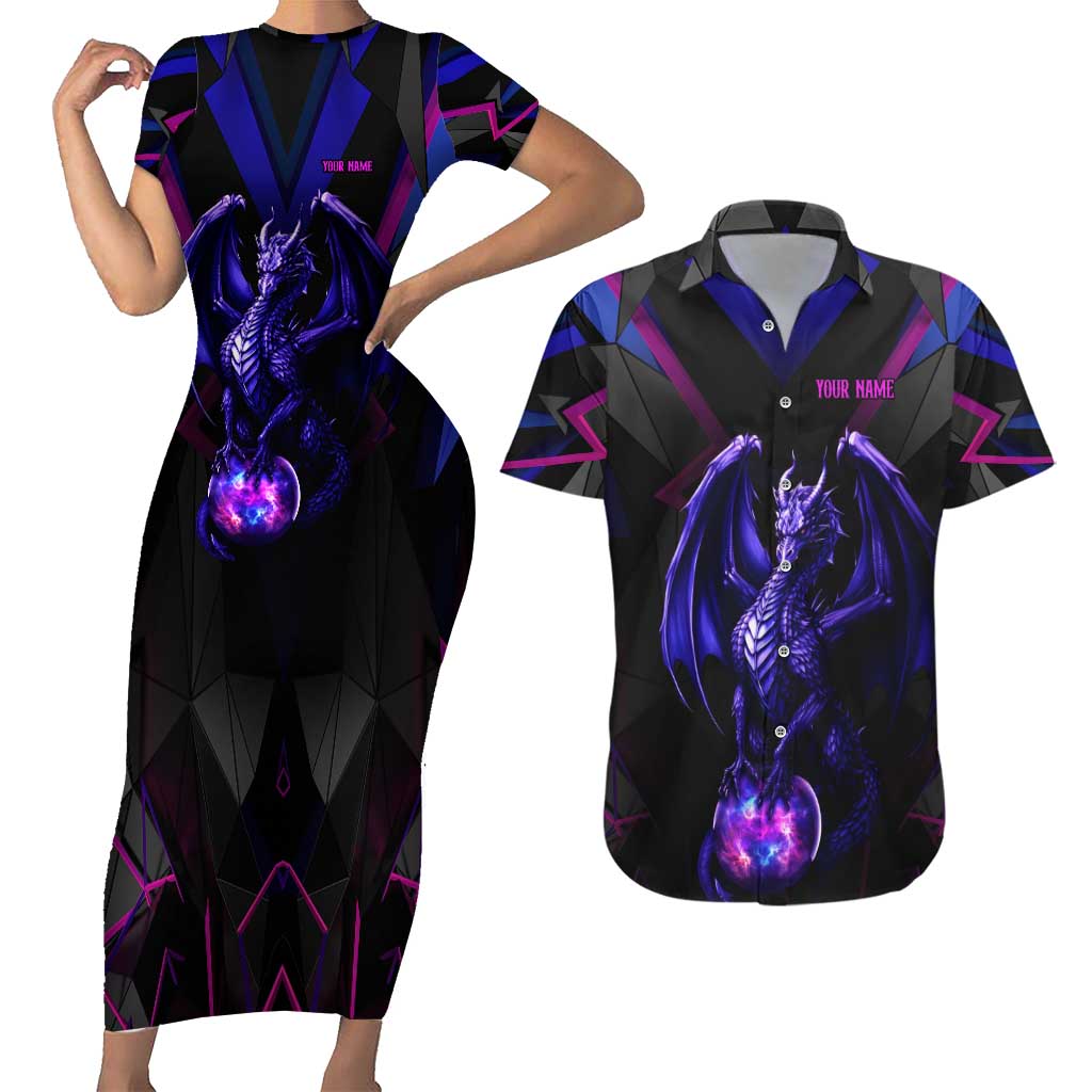 Custom Black And Purple Dragon Bowling Couples Matching Short Sleeve Bodycon Dress and Hawaiian Shirt Magic Orb Graphic on Geometric Black Background Design - Wonder Print Shop