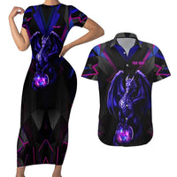 Custom Black And Purple Dragon Bowling Couples Matching Short Sleeve Bodycon Dress and Hawaiian Shirt Magic Orb Graphic on Geometric Black Background Design - Wonder Print Shop