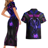 Custom Black And Purple Dragon Bowling Couples Matching Short Sleeve Bodycon Dress and Hawaiian Shirt Magic Orb Graphic on Geometric Black Background Design - Wonder Print Shop