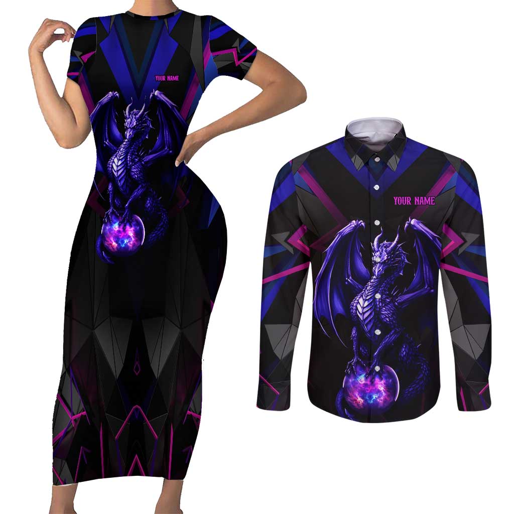 Custom Black And Purple Dragon Bowling Couples Matching Short Sleeve Bodycon Dress and Long Sleeve Button Shirt Magic Orb Graphic on Geometric Black Background Design - Wonder Print Shop