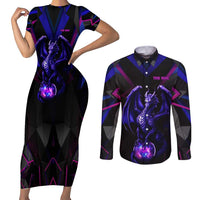 Custom Black And Purple Dragon Bowling Couples Matching Short Sleeve Bodycon Dress and Long Sleeve Button Shirt Magic Orb Graphic on Geometric Black Background Design - Wonder Print Shop