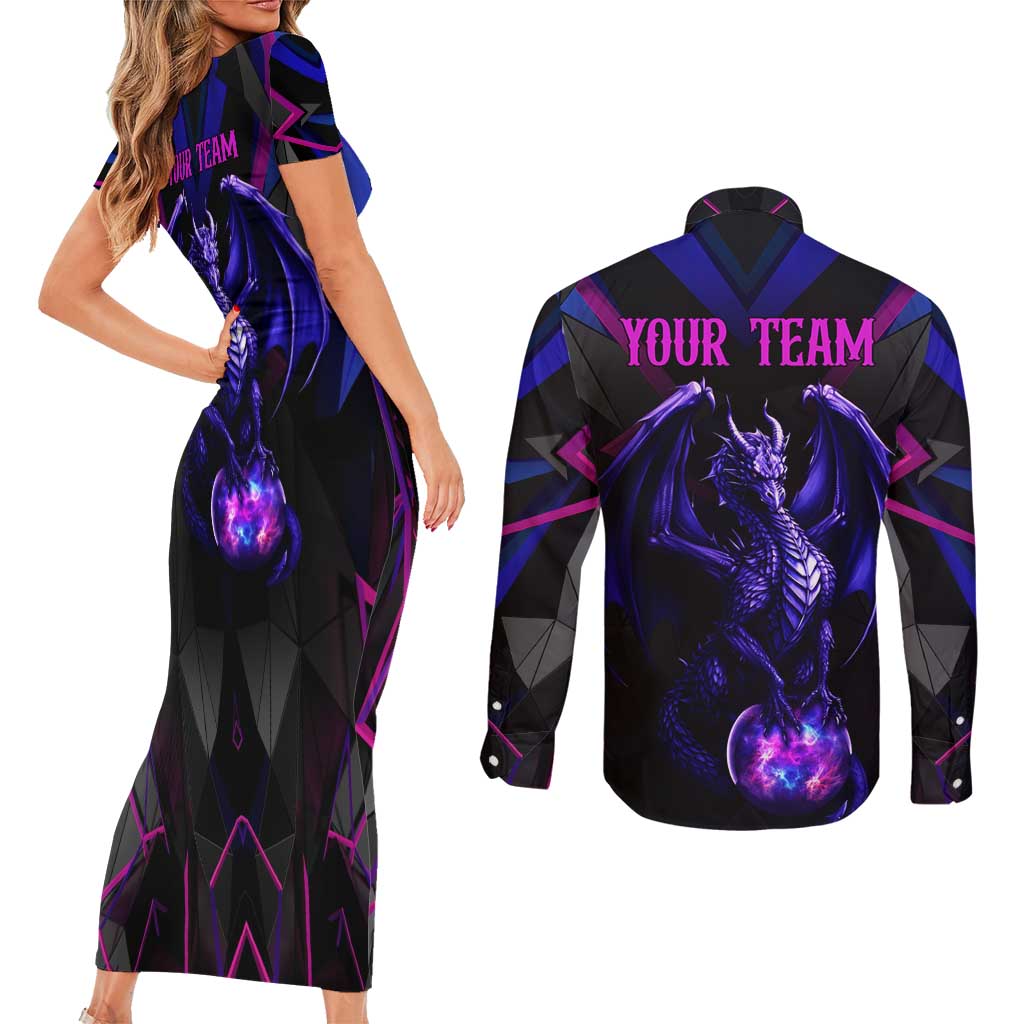 Custom Black And Purple Dragon Bowling Couples Matching Short Sleeve Bodycon Dress and Long Sleeve Button Shirt Magic Orb Graphic on Geometric Black Background Design - Wonder Print Shop