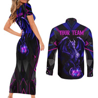 Custom Black And Purple Dragon Bowling Couples Matching Short Sleeve Bodycon Dress and Long Sleeve Button Shirt Magic Orb Graphic on Geometric Black Background Design - Wonder Print Shop
