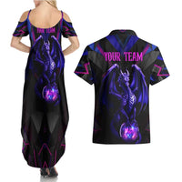 Custom Black And Purple Dragon Bowling Couples Matching Summer Maxi Dress and Hawaiian Shirt Magic Orb Graphic on Geometric Black Background Design - Wonder Print Shop