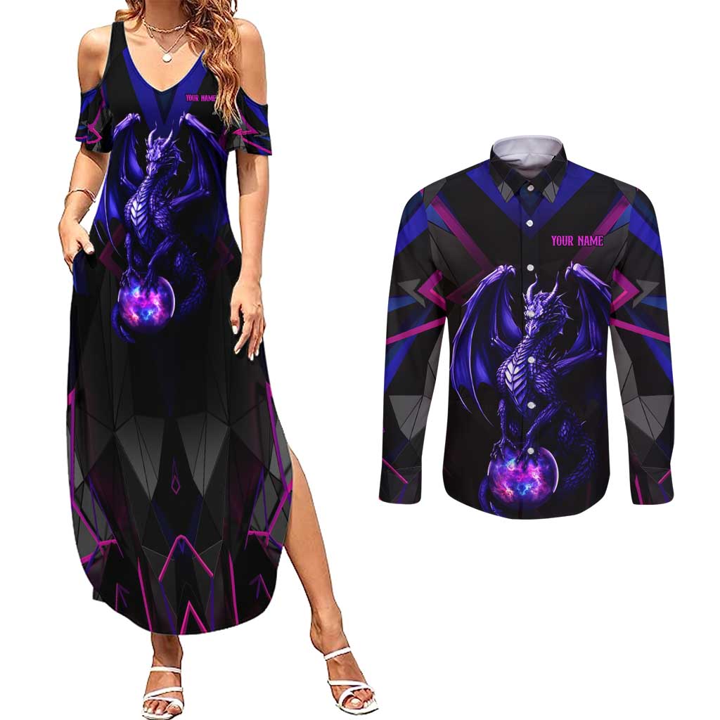 Custom Black And Purple Dragon Bowling Couples Matching Summer Maxi Dress and Long Sleeve Button Shirt Magic Orb Graphic on Geometric Black Background Design - Wonder Print Shop