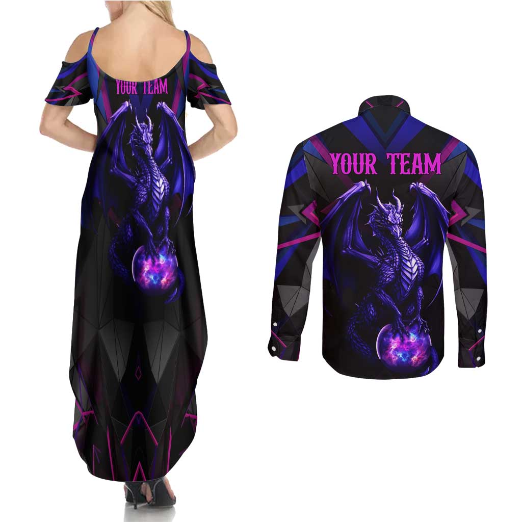 Custom Black And Purple Dragon Bowling Couples Matching Summer Maxi Dress and Long Sleeve Button Shirt Magic Orb Graphic on Geometric Black Background Design - Wonder Print Shop