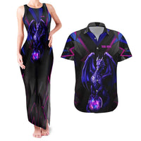 Custom Black And Purple Dragon Bowling Couples Matching Tank Maxi Dress and Hawaiian Shirt Magic Orb Graphic on Geometric Black Background Design - Wonder Print Shop