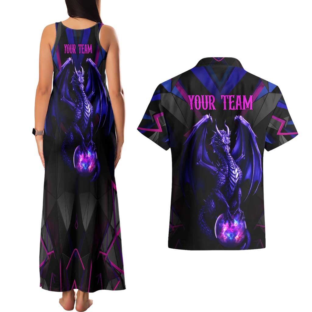 Custom Black And Purple Dragon Bowling Couples Matching Tank Maxi Dress and Hawaiian Shirt Magic Orb Graphic on Geometric Black Background Design - Wonder Print Shop
