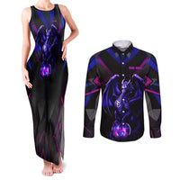 Custom Black And Purple Dragon Bowling Couples Matching Tank Maxi Dress and Long Sleeve Button Shirt Magic Orb Graphic on Geometric Black Background Design - Wonder Print Shop
