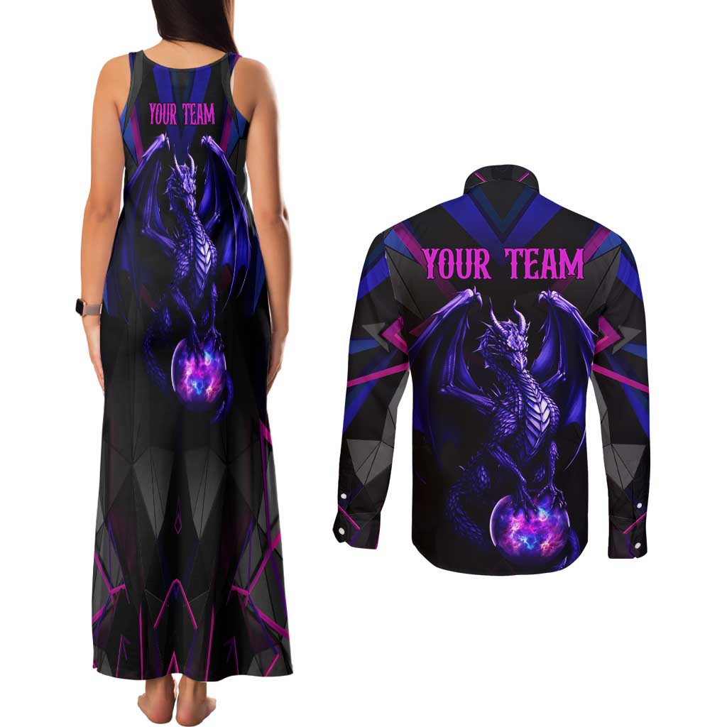 Custom Black And Purple Dragon Bowling Couples Matching Tank Maxi Dress and Long Sleeve Button Shirt Magic Orb Graphic on Geometric Black Background Design - Wonder Print Shop