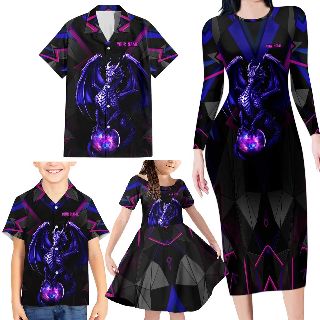 Custom Black And Purple Dragon Bowling Family Matching Long Sleeve Bodycon Dress and Hawaiian Shirt Magic Orb Graphic on Geometric Black Background Design - Wonder Print Shop