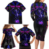 Custom Black And Purple Dragon Bowling Family Matching Long Sleeve Bodycon Dress and Hawaiian Shirt Magic Orb Graphic on Geometric Black Background Design - Wonder Print Shop