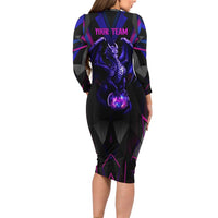 Custom Black And Purple Dragon Bowling Family Matching Long Sleeve Bodycon Dress and Hawaiian Shirt Magic Orb Graphic on Geometric Black Background Design - Wonder Print Shop