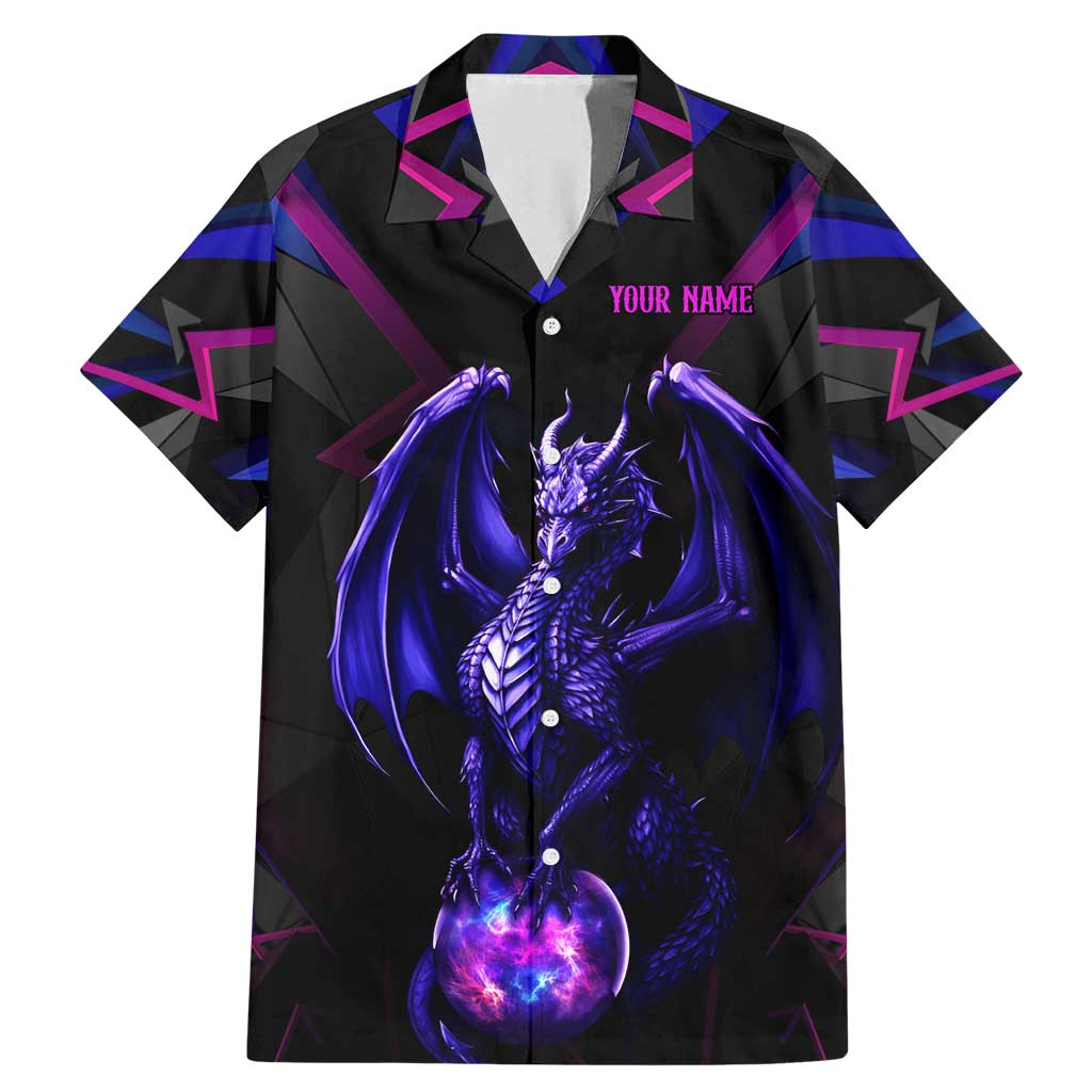 Custom Black And Purple Dragon Bowling Family Matching Mermaid Dress and Hawaiian Shirt Magic Orb Graphic on Geometric Black Background Design - Wonder Print Shop