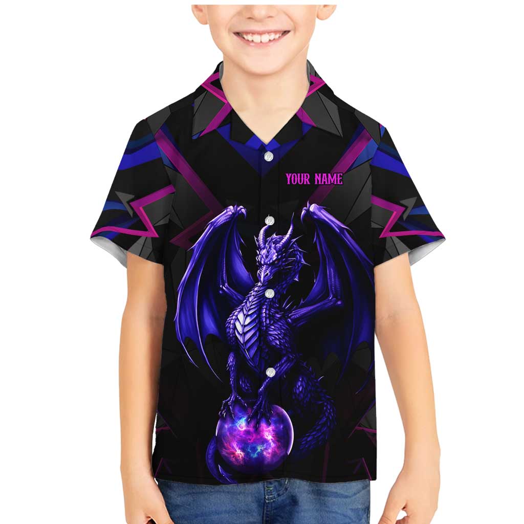 Custom Black And Purple Dragon Bowling Family Matching Mermaid Dress and Hawaiian Shirt Magic Orb Graphic on Geometric Black Background Design - Wonder Print Shop