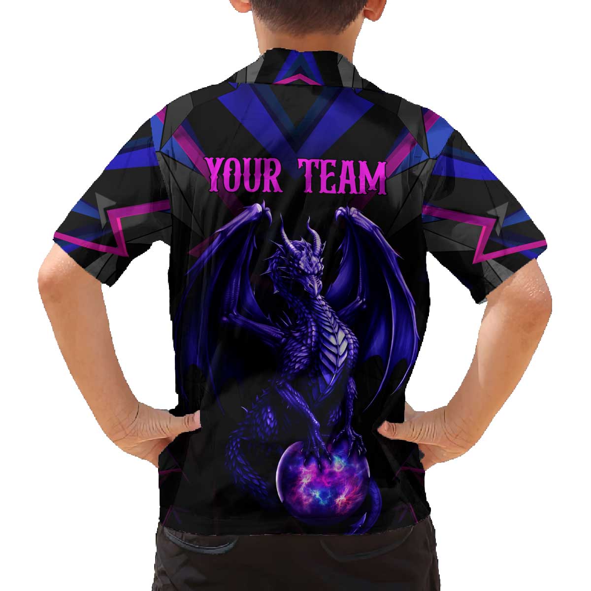 Custom Black And Purple Dragon Bowling Family Matching Off The Shoulder Long Sleeve Dress and Hawaiian Shirt Magic Orb Graphic on Geometric Black Background Design - Wonder Print Shop