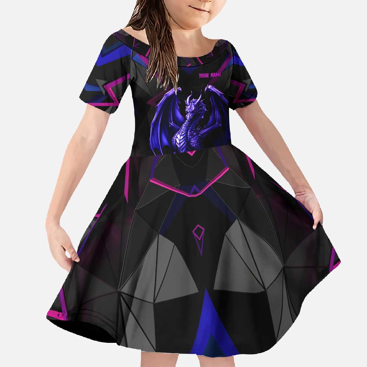 Custom Black And Purple Dragon Bowling Family Matching Off The Shoulder Long Sleeve Dress and Hawaiian Shirt Magic Orb Graphic on Geometric Black Background Design - Wonder Print Shop