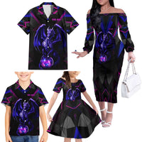 Custom Black And Purple Dragon Bowling Family Matching Off The Shoulder Long Sleeve Dress and Hawaiian Shirt Magic Orb Graphic on Geometric Black Background Design - Wonder Print Shop