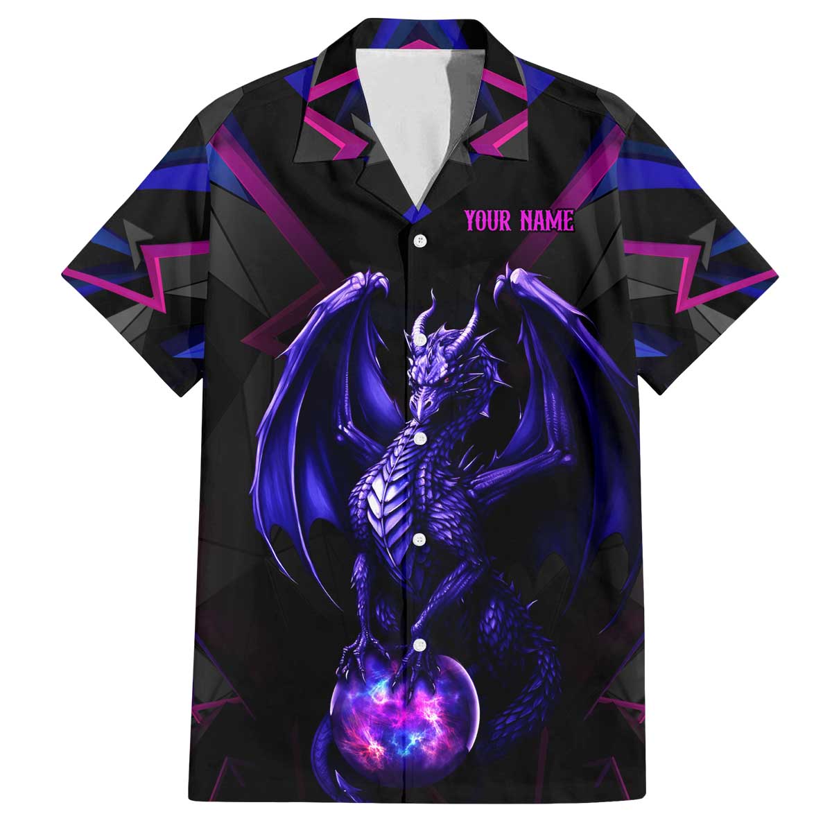 Custom Black And Purple Dragon Bowling Family Matching Off The Shoulder Long Sleeve Dress and Hawaiian Shirt Magic Orb Graphic on Geometric Black Background Design - Wonder Print Shop