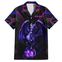 Custom Black And Purple Dragon Bowling Family Matching Off The Shoulder Long Sleeve Dress and Hawaiian Shirt Magic Orb Graphic on Geometric Black Background Design - Wonder Print Shop